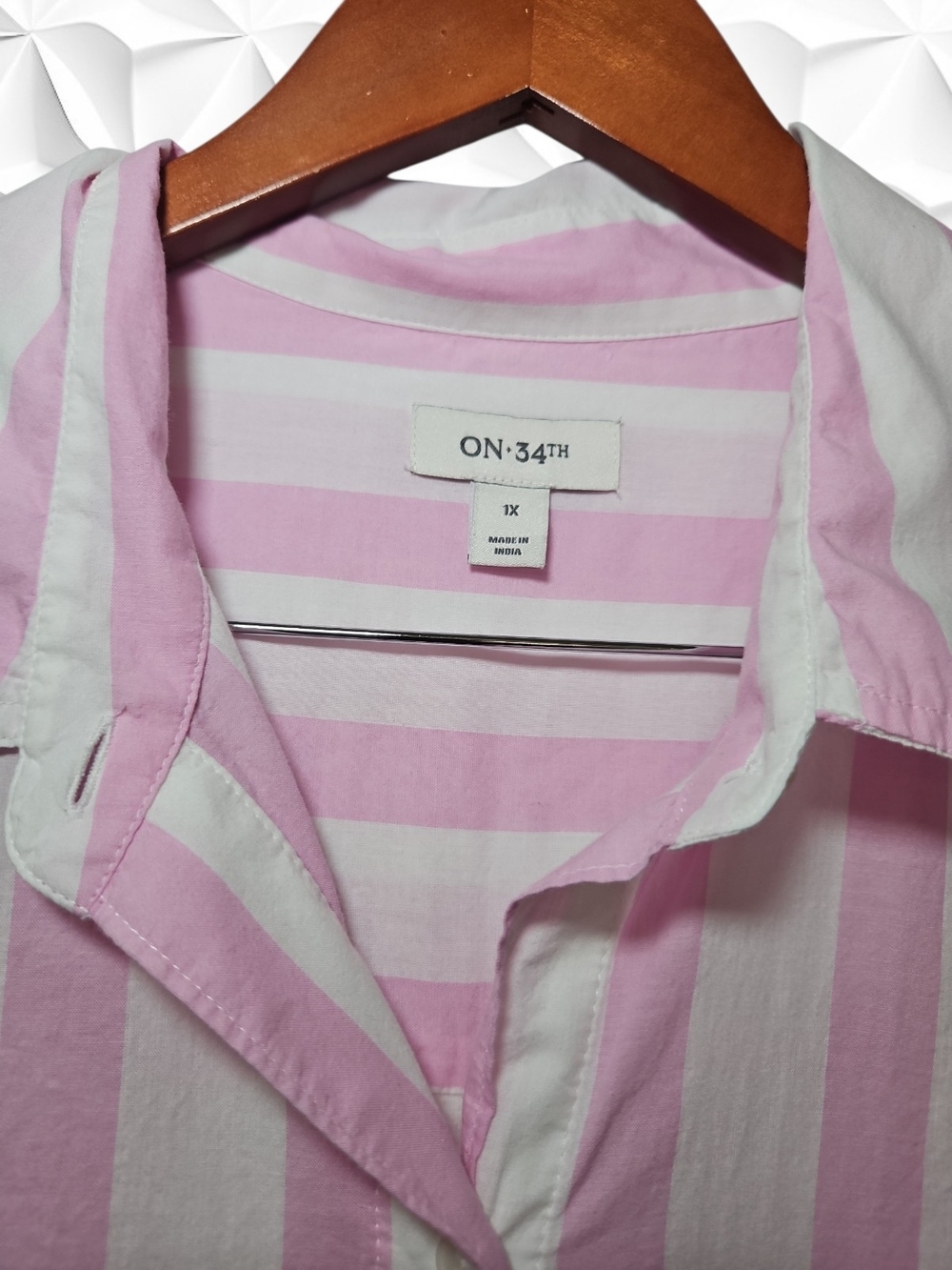 ​ON-34th Pink White Striped Button Down Shirt 1X Cotton Long Sleeve Pocket - Picture 4 of 6